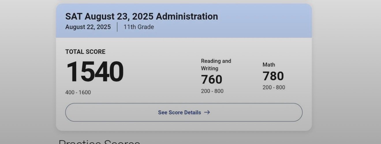 Digital SAT score report showing a 1540 total score with 760 Reading and Writing and 780 Math after four months of Gangnam Prep tutoring in Diamond Bar, CA
